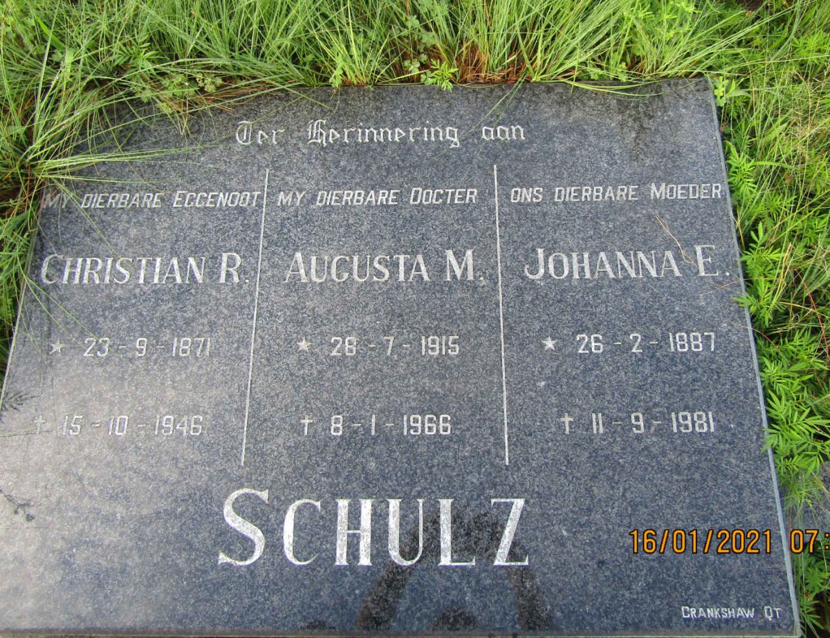 SCHULZ Christian R. 1871-1946 &amp; Johanna E. 1887-1981 :: SCHULZ Augusta M. 1915-1966