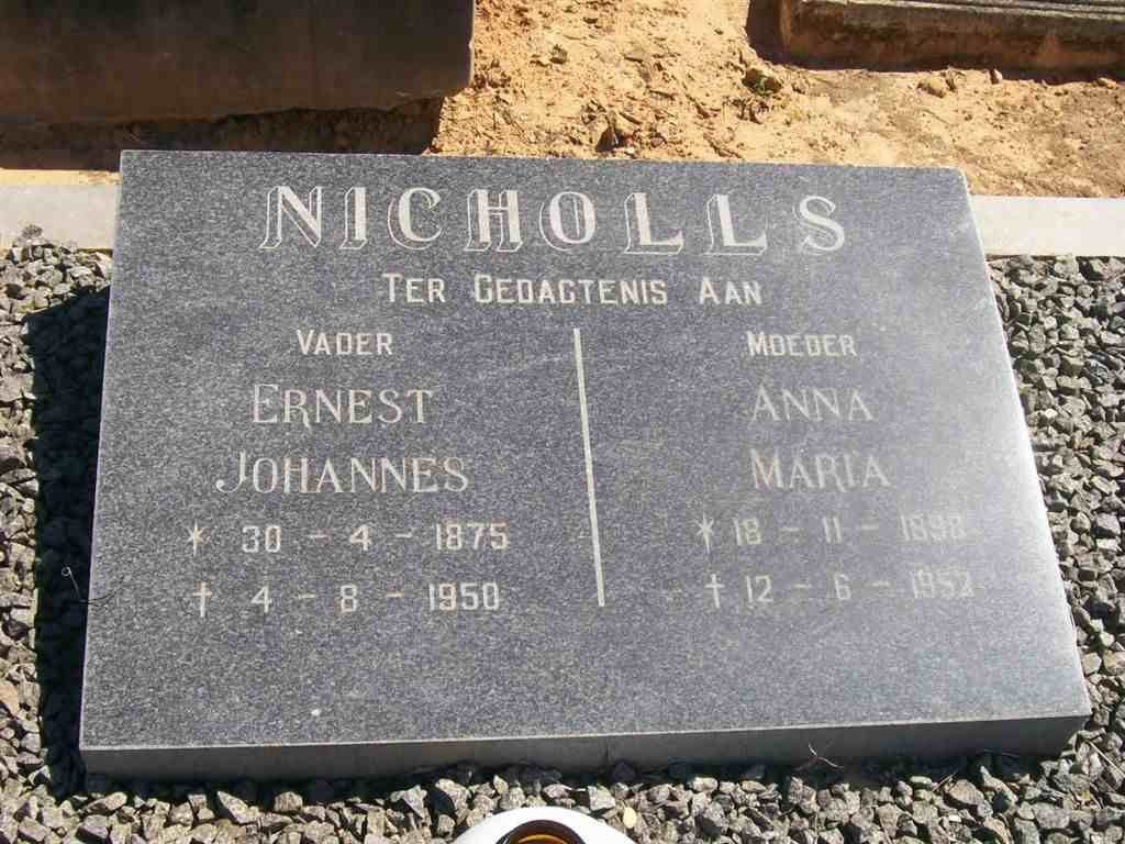 NICHOLLS Ernest Johannes 1875-1950 &amp; Anna Maria 1898-1952