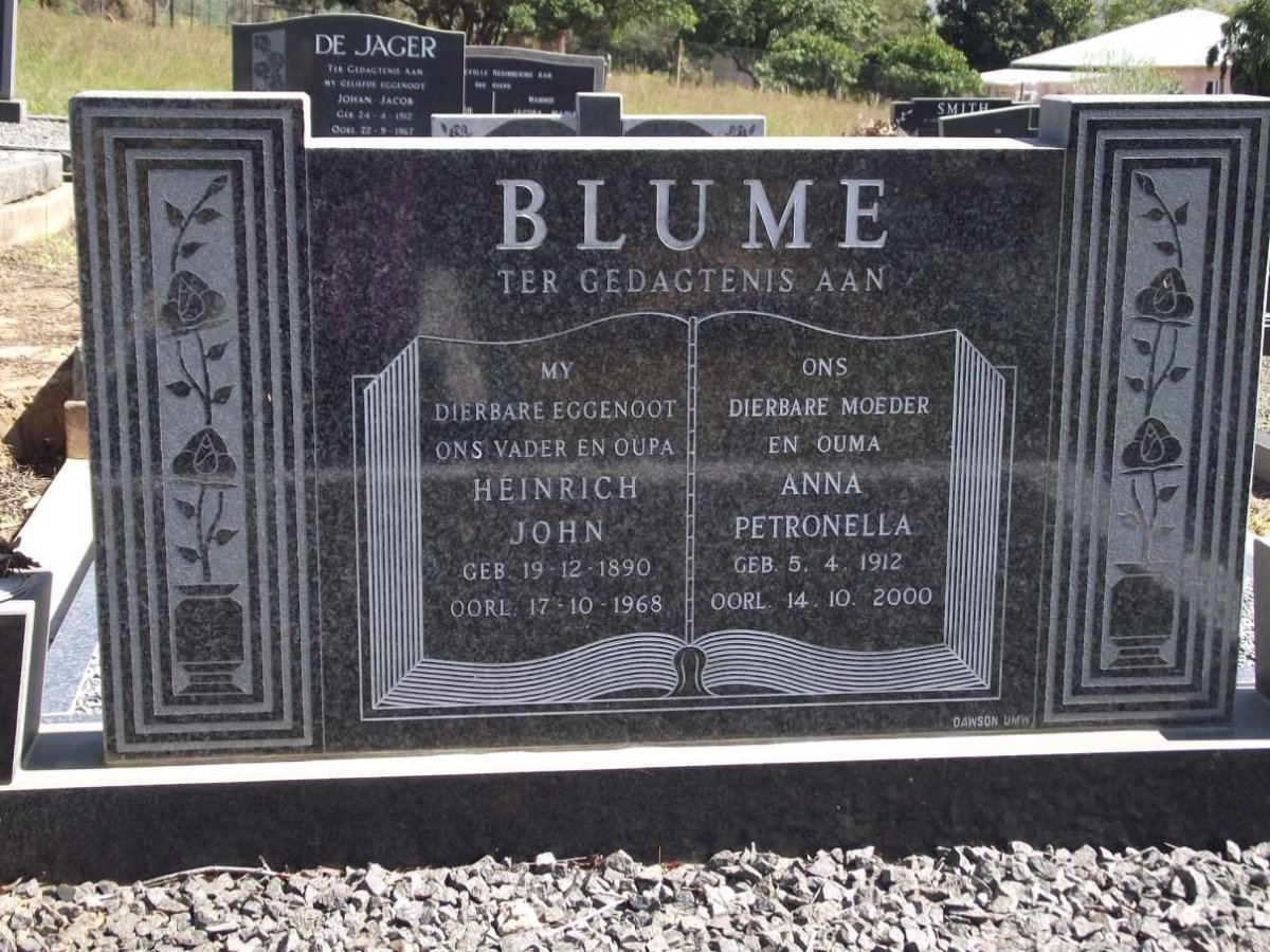 BLUME Heinrich John 1890-1968 &amp; Anna Petronella 1912-2000