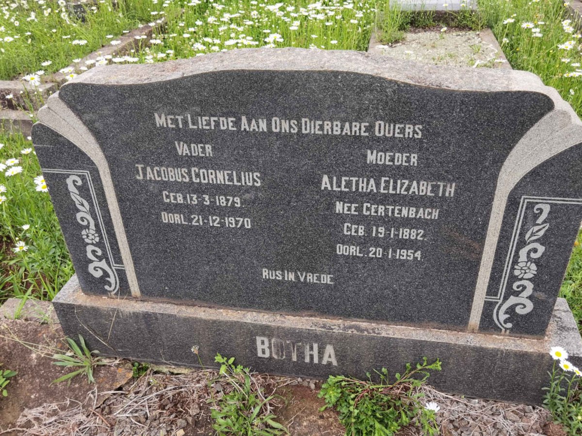 BOTHA Jacobus Cornelius 1879-1970 &amp; Aletha Elizabeth GERTENBACH 1882-1954