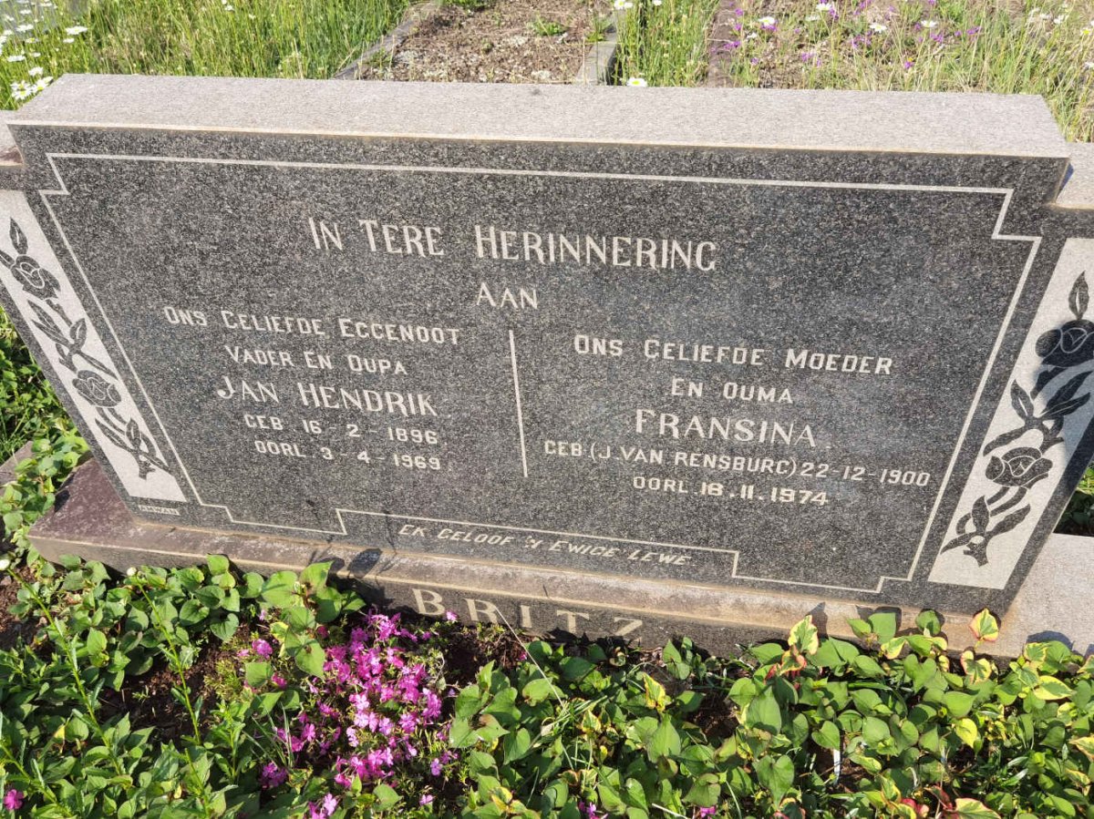 BRITZ Jan Hendrik 1896-1969 &amp; Fransina J. VAN RENSBURG 1900-1974