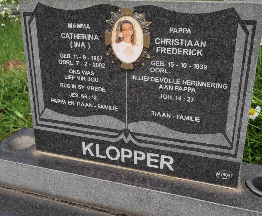 KLOPPER Christiaan Frederick 1939- &amp; Catherina 1957-2002