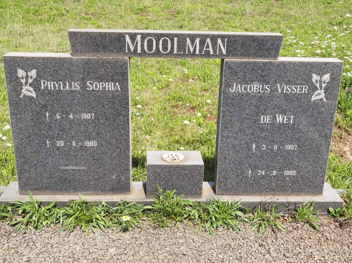 MOOLMAN Jacobus Visser De Wet 1907-1980 &amp; Phyllis Sophia 1907-1980