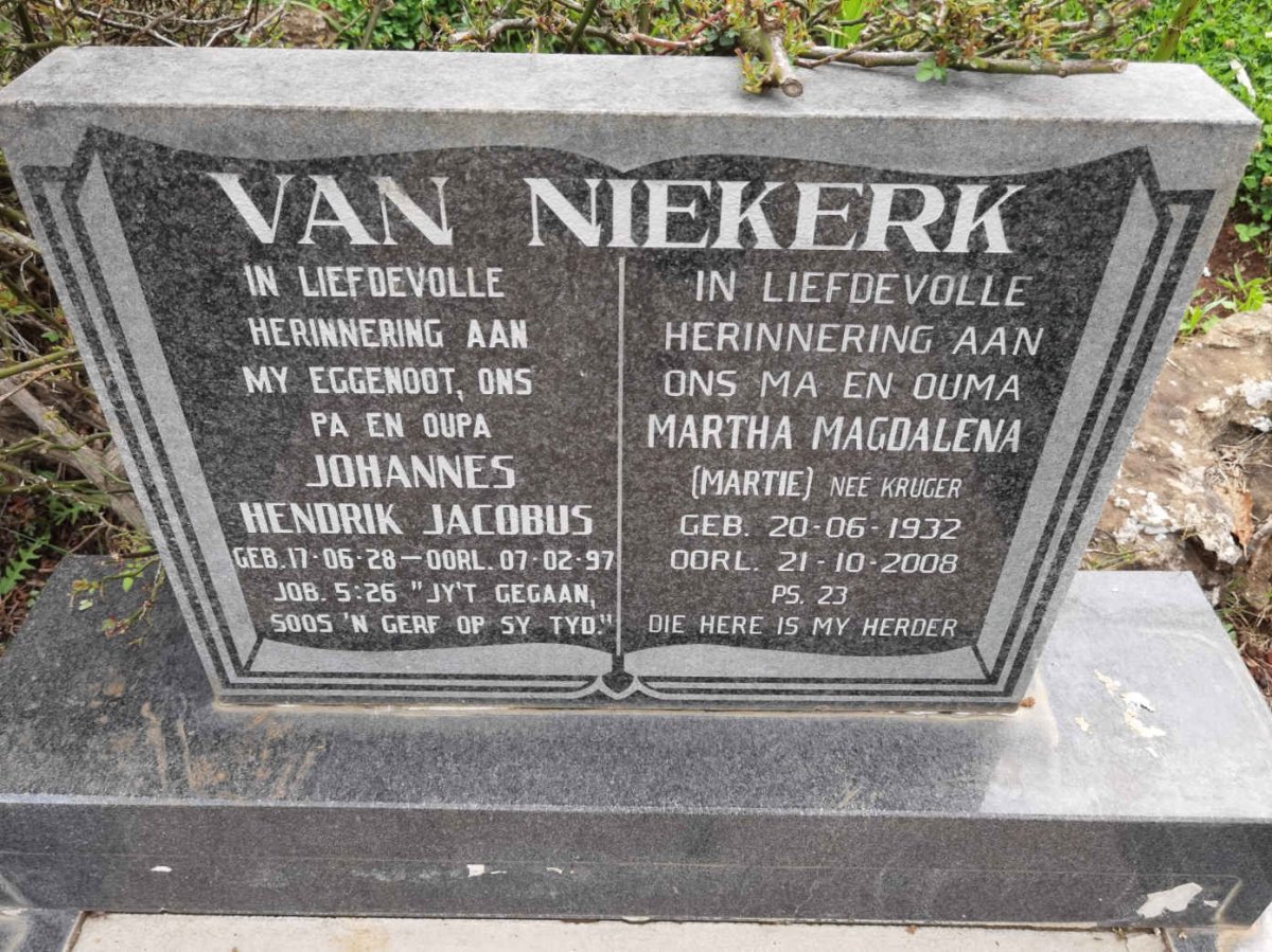 NIEKERK Johannes Hendrik Jacobus, van 1928-1997 &amp; Martha Magdalena KRUGER 1932-2008