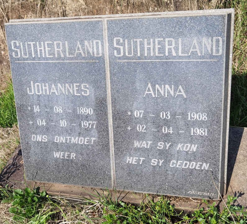 SUTHERLAND Johannes 1890-1977 &amp; Anna 1908-1981