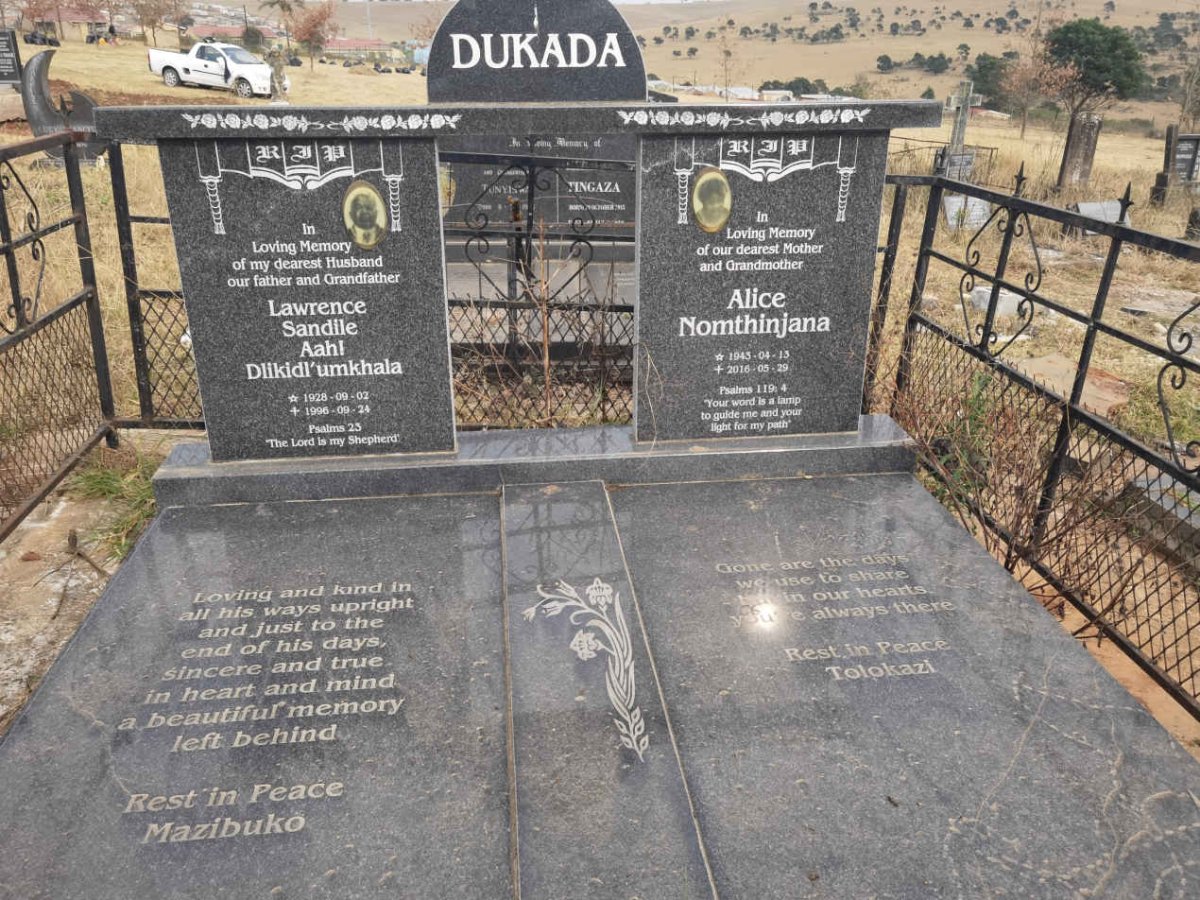 DUKADA Lawrence Sandile Aahl 1928-1996 &amp; Alice Nomthinjana 1943-2016