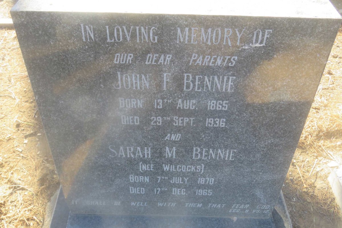 BENNIE John F. 1865-1936 &amp; Sarah M. WILCOCKS 1870-1965