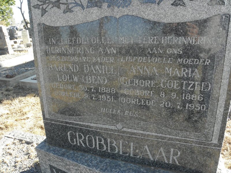 GROBBELAAR Barend Daniel Louw 1888-1951 &amp; Anna Maria COETZEE 1886-1950