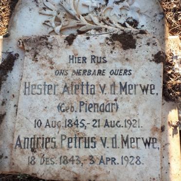 MERWE Andries Petrus, van der 1843-1928 &amp; Hester Aletta PIENAAR 1845-1921