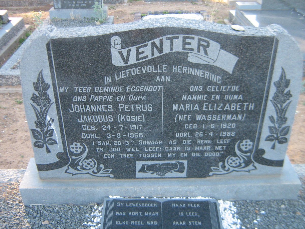VENTER Johannes Petrus Jakobus 1917-1968 &amp; Maria Elizabeth WASSERMAN 1920-1988