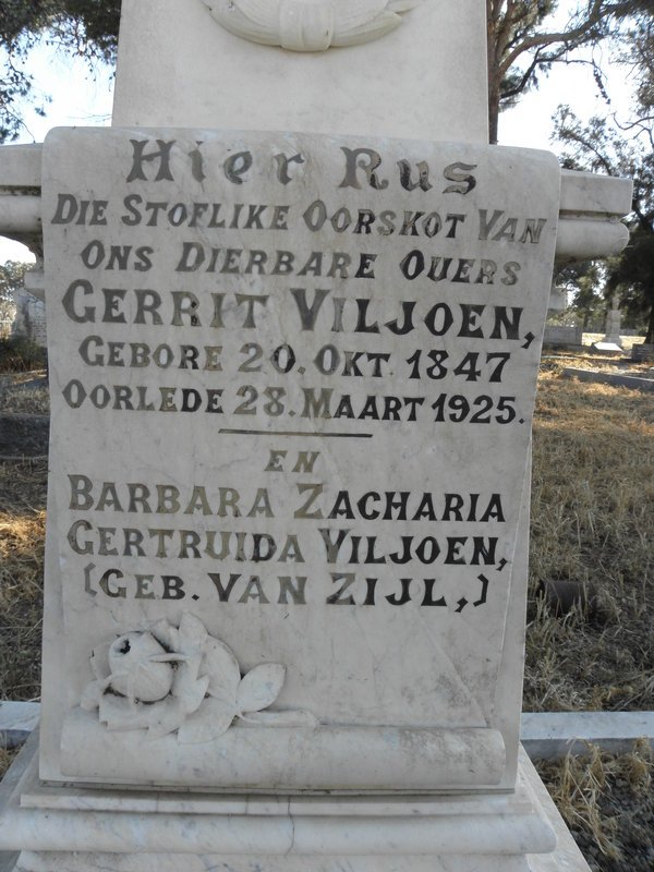 VILJOEN Gerrit van Niekerk 1847-1925 &amp; Barbara Zacharia Gertruida VAN ZIJL 1846-1925