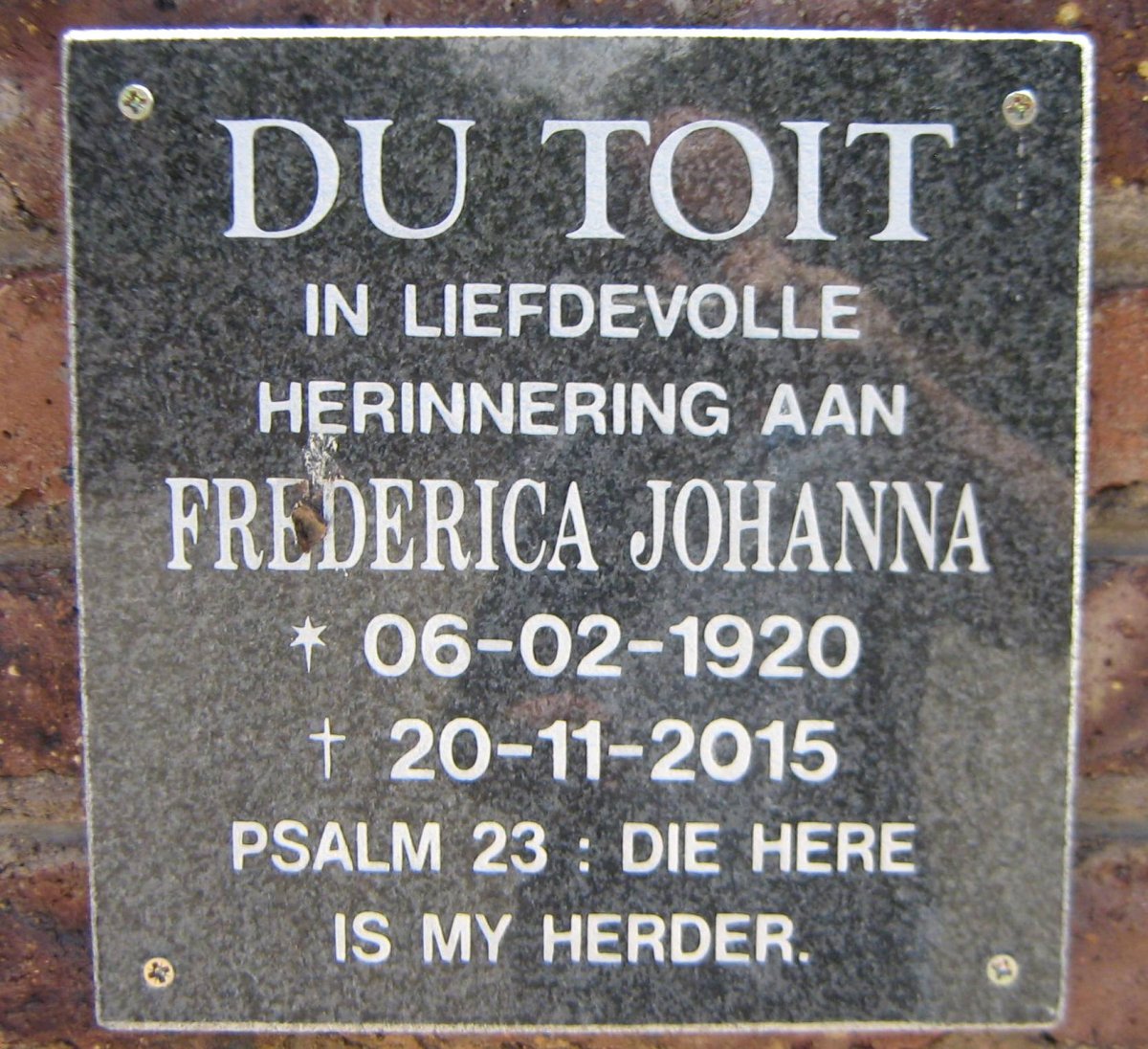 TOIT Frederica Johanna, du 1920-2015