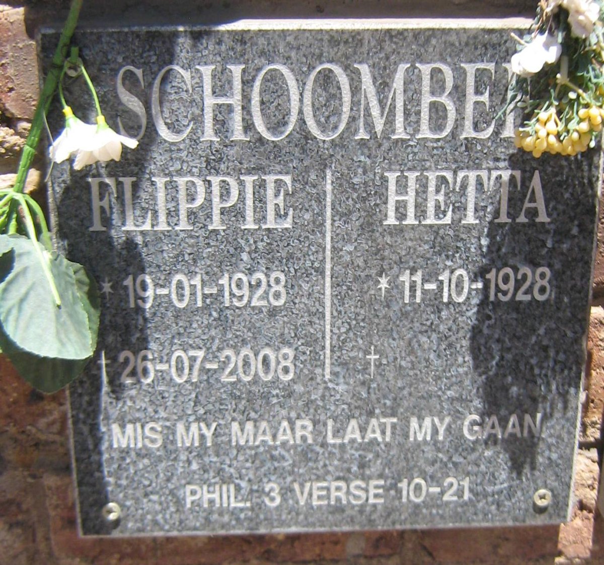SCHOOMBEE Flippie 1928-2008 &amp; Hetta 1928 -