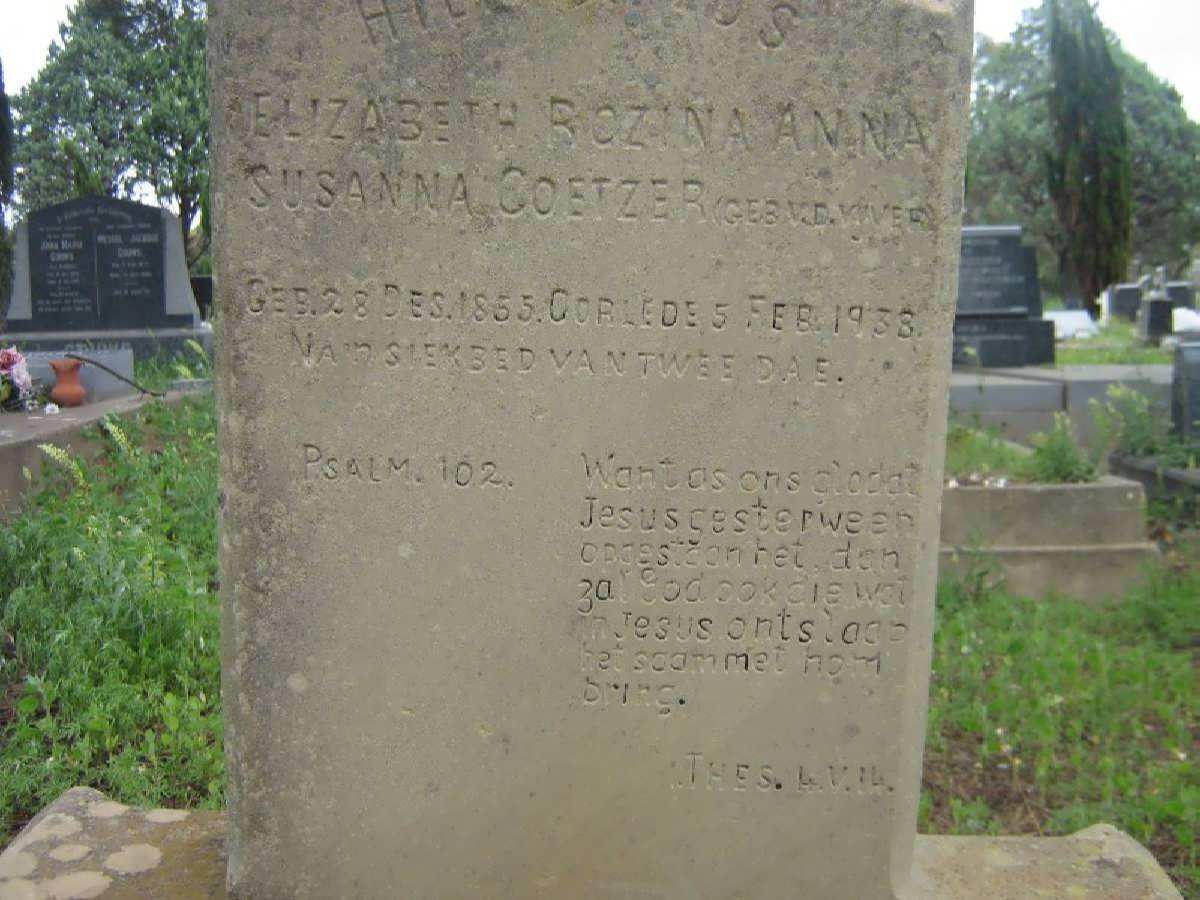 COETZER Elizabeth Rozina Anna Susanna nee V.D. VYVER 1855-1938