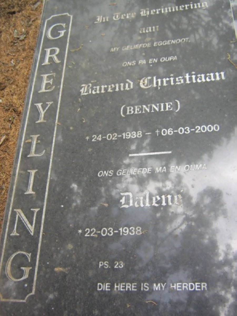 GREYLING Barend Christiaan 1938-2000 &amp; ? Dalene 1938-