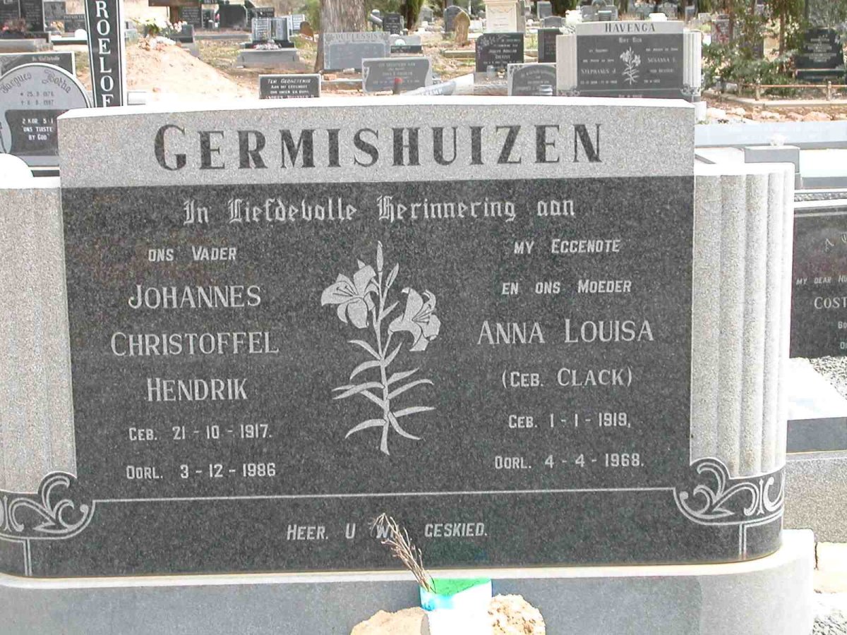 GERMISHUIZEN Johannes Christoffel Hendrik 1917-1986 &amp; Anna Louisa CLACK 1919-1968