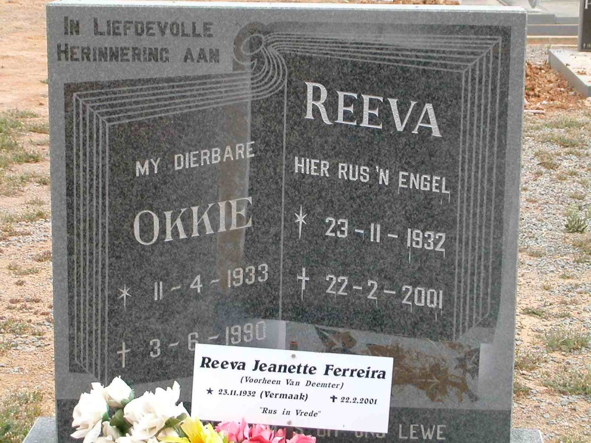 REEVA Okkie 1933-1990 &amp; Jeanette Ferreira VERMAAK voorheen VAN DEEMTER 1932-2001