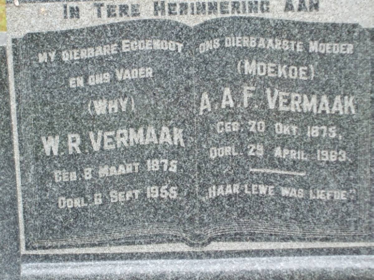 VERMAAK W.R. 1875-1955 &amp; A.A.F. 1875-1963