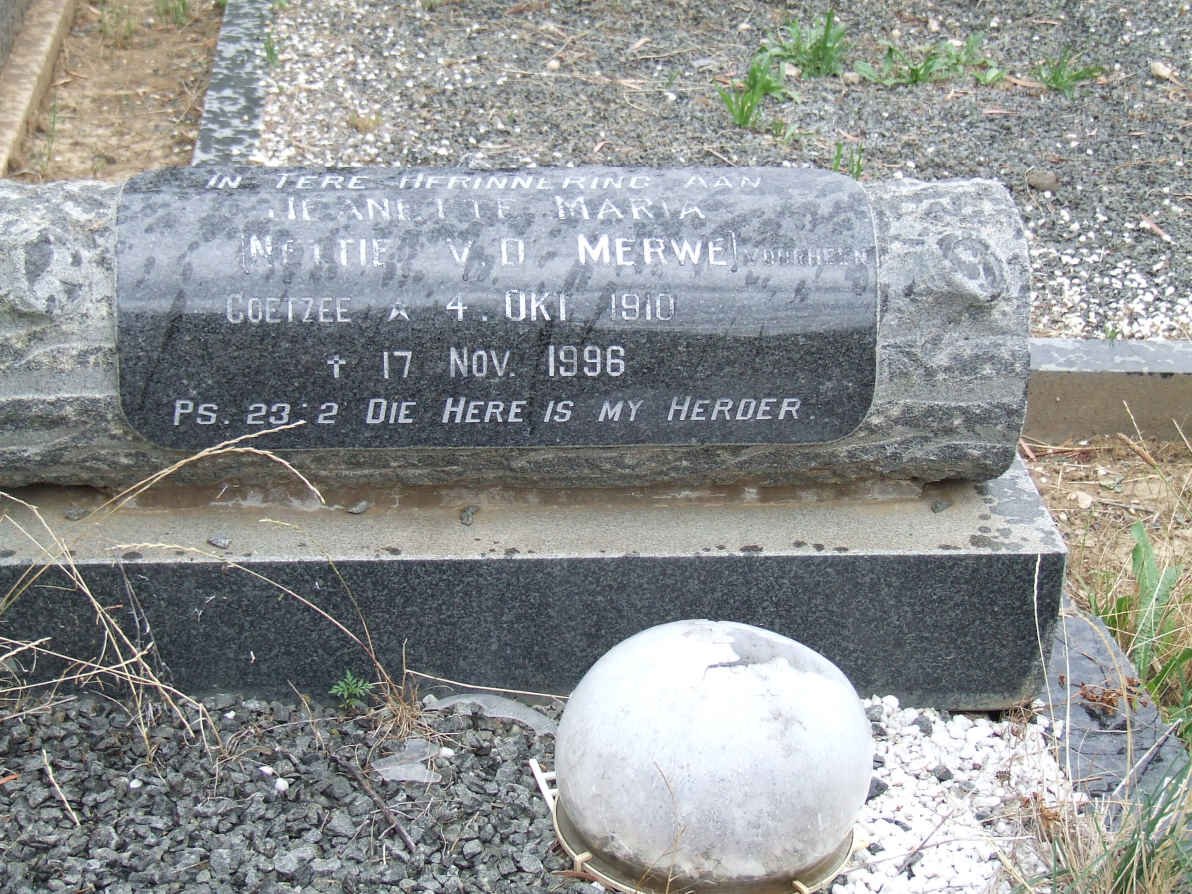 MERWE Jeanette Maria, van der nee COETZEE 1910-1996