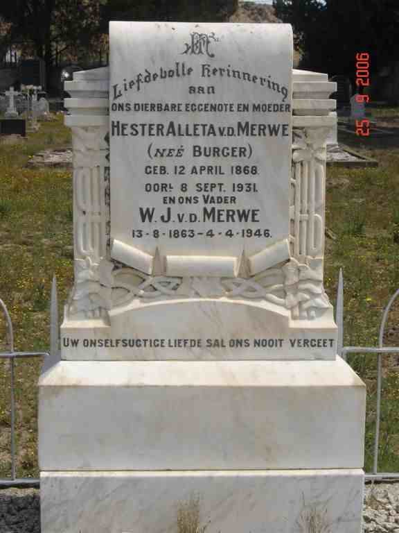 MERWE W.J., v.d. 1863-1946 &amp; Hester Alleta BURGER 1868-1931