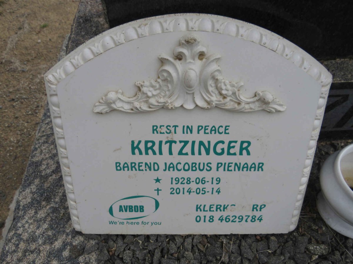 KRITZINGER Barend Jacobus Pienaar 1928-2014