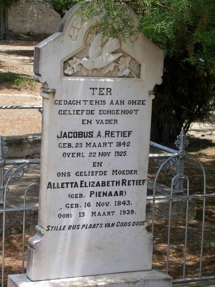 RETIEF Jacobus A. 1842-1925 &amp; Alletta Elizabeth PIENAAR 1843-1939