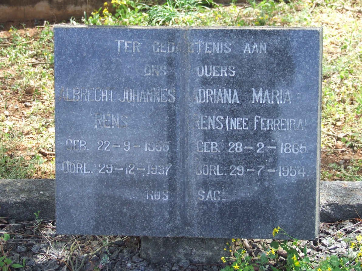 RENS Albrecht Johannes 1855-1937 &amp; Adriana Maria FERREIRA 1865-1954