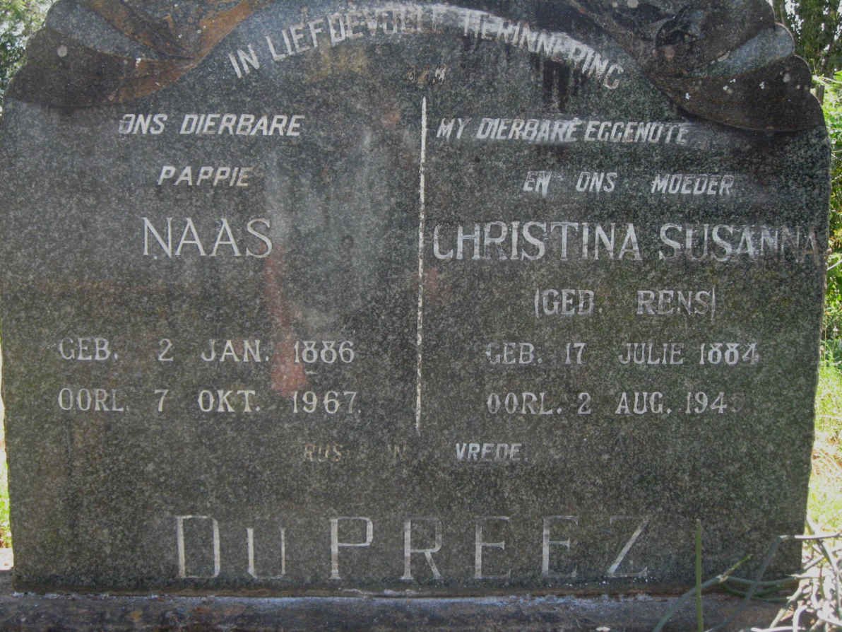 PREEZ Naas, du 1886-1967 &amp; Christina Susanna RENS 1884-1949