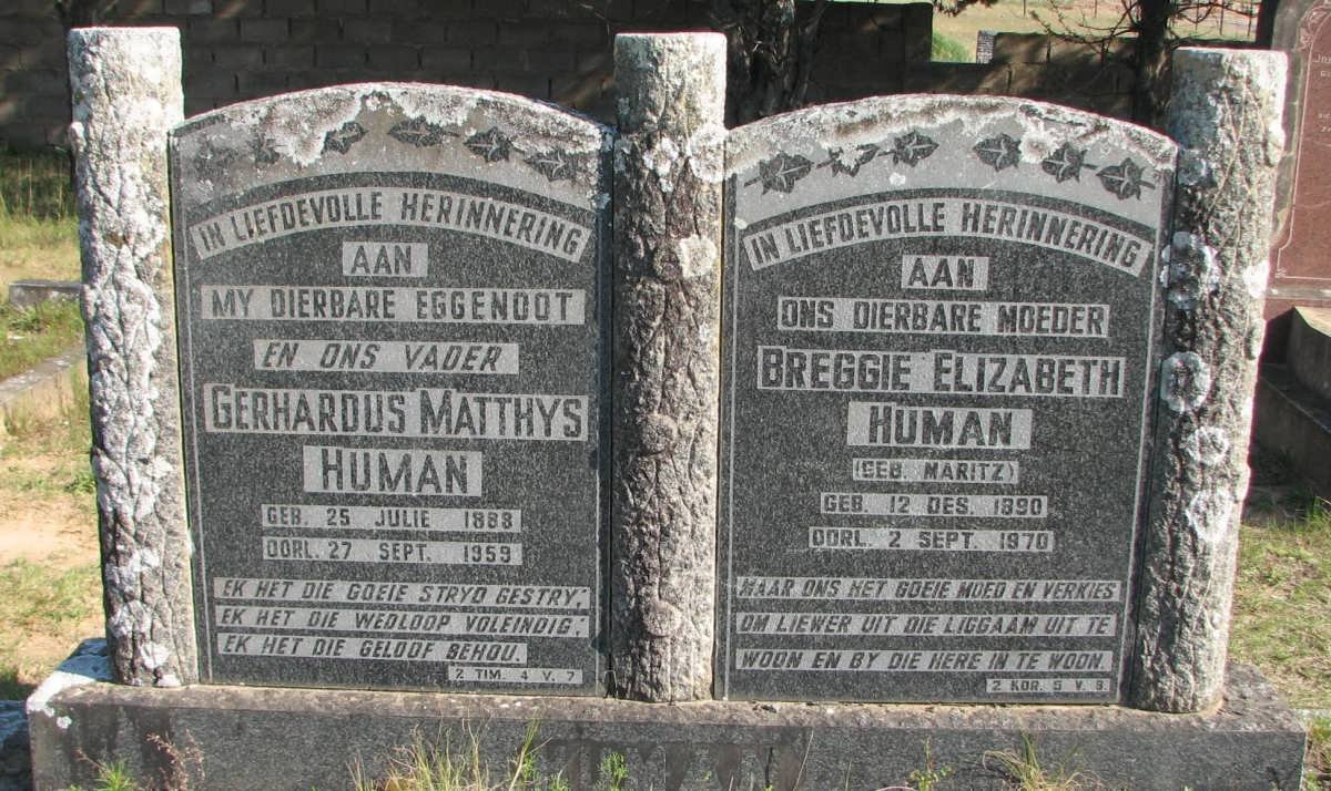 HUMAN Gerhardus Matthys 1888-1959 &amp; Breggie Elizabeth MARITZ 1890-1970