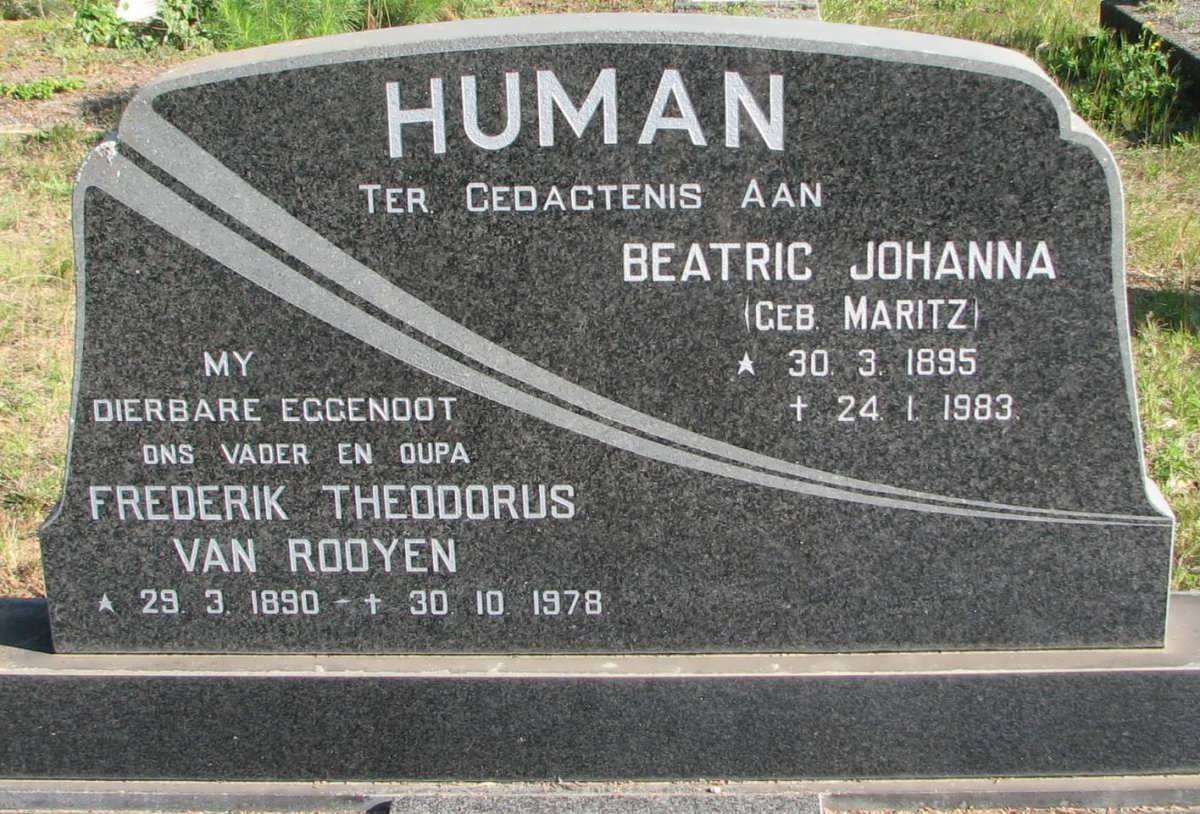 HUMAN Frederik Theodorus Van Rooyen 1890-1978 &amp; Beatric Johanna MARITZ 1895-1983
