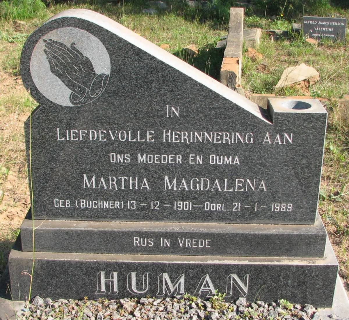 HUMAN Martha Magdalena nee BUCHNER 1901-1989