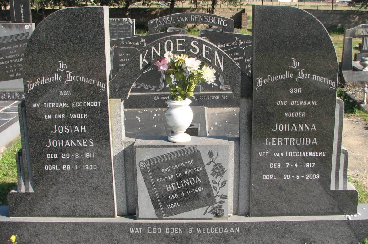 KNOESEN Josiah Johannes 1911-1980 &amp; Johanna Gertruida VAN LOGGERENBERG 1917-2003 :: KNOESEN Belinda 1961-
