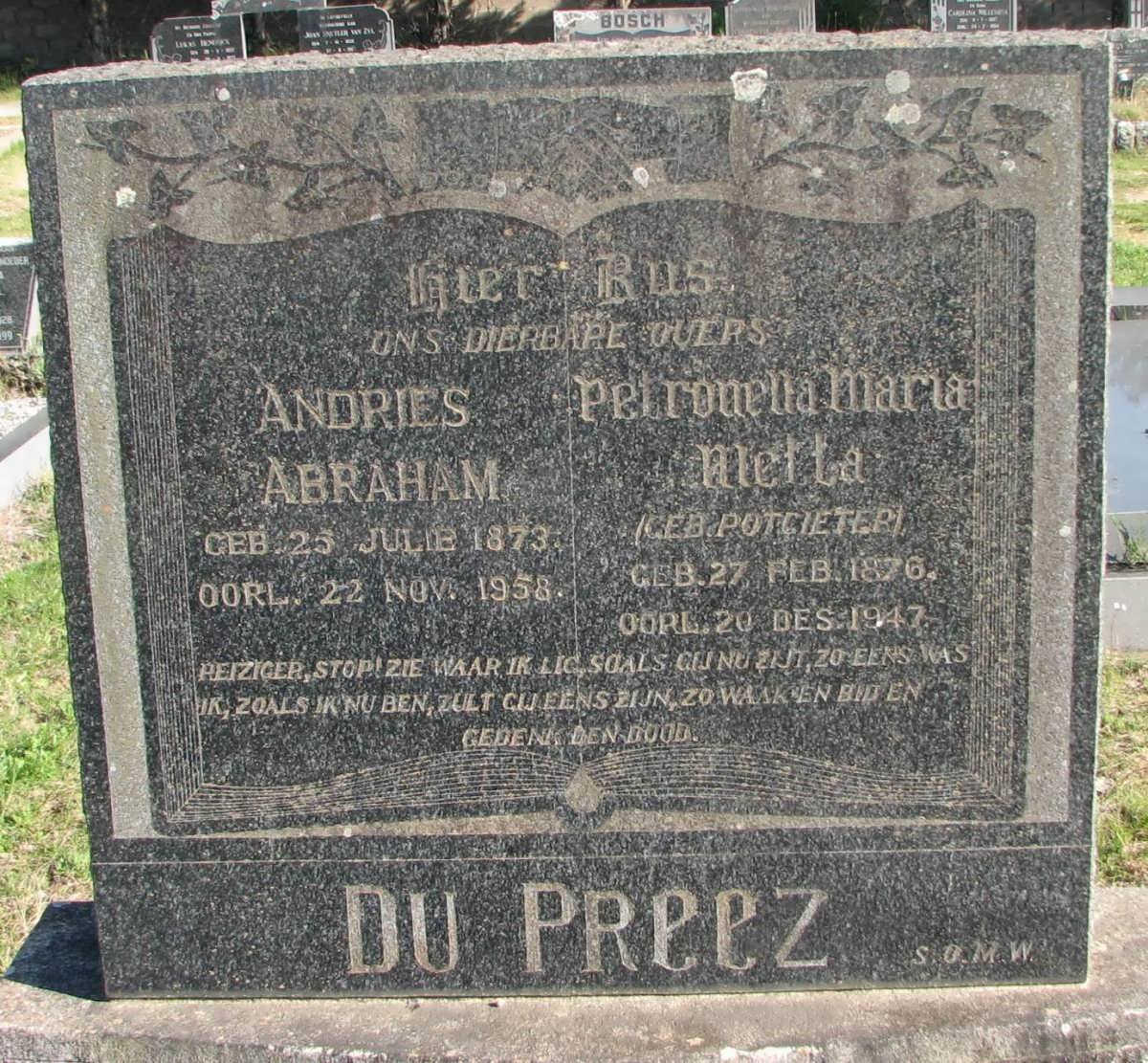 PREEZ Andries Abraham, du 1873-1958 &amp; Petronella Maria Aletta POTGIETER 1876-1947