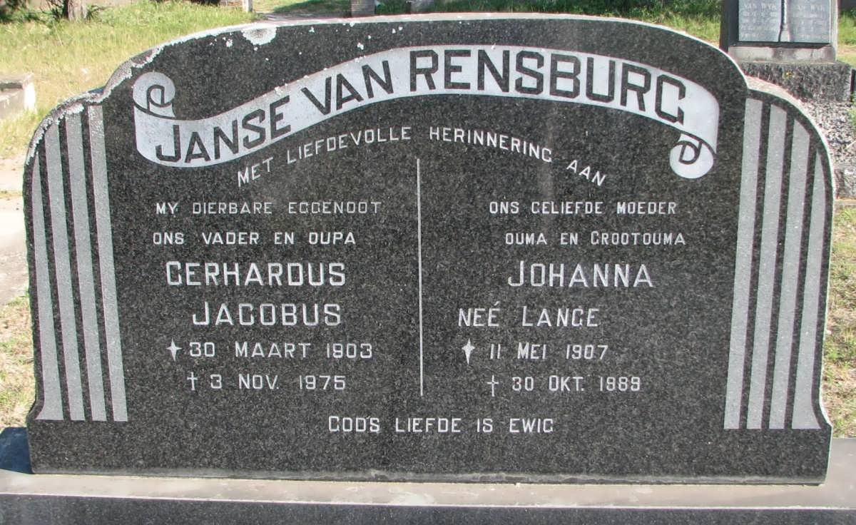 RENSBURG Gerhardus Jacobus, Janse van 1903-1975 &amp; Johanna LANGE 1907-1989