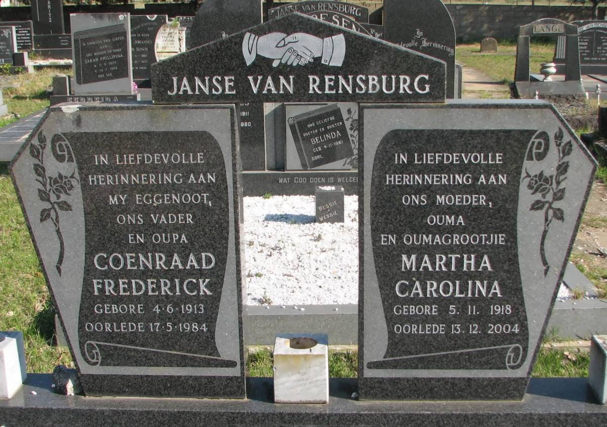 RENSBURG Coenraad Frederick, Janse van 1913-1984 &amp; Martha Carolina 1918-2004