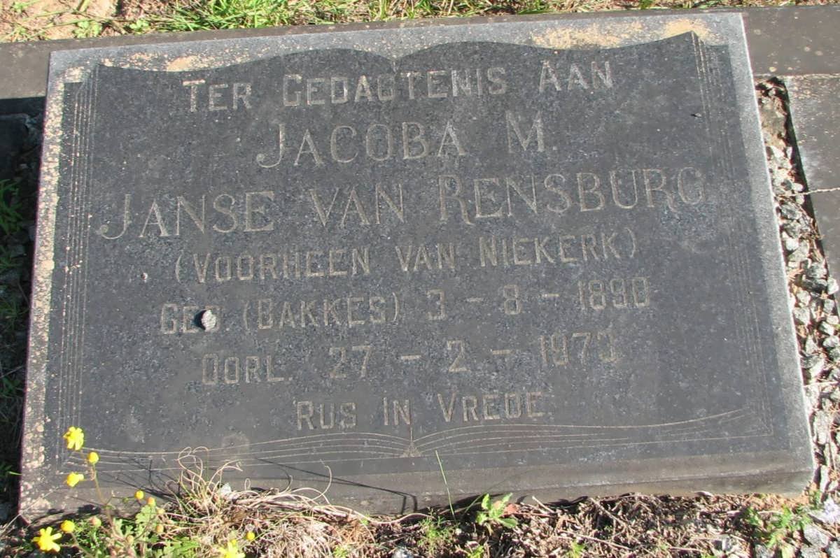 RENSBURG Jacoba M., Janse van formerly VAN NIEKERK nee BAKKES 1890-1973
