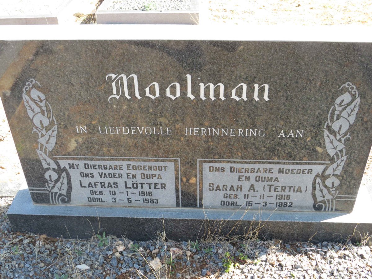 MOOLMAN Lafras Lotter 1916-1983 &amp; Sarah A. 1918-1992