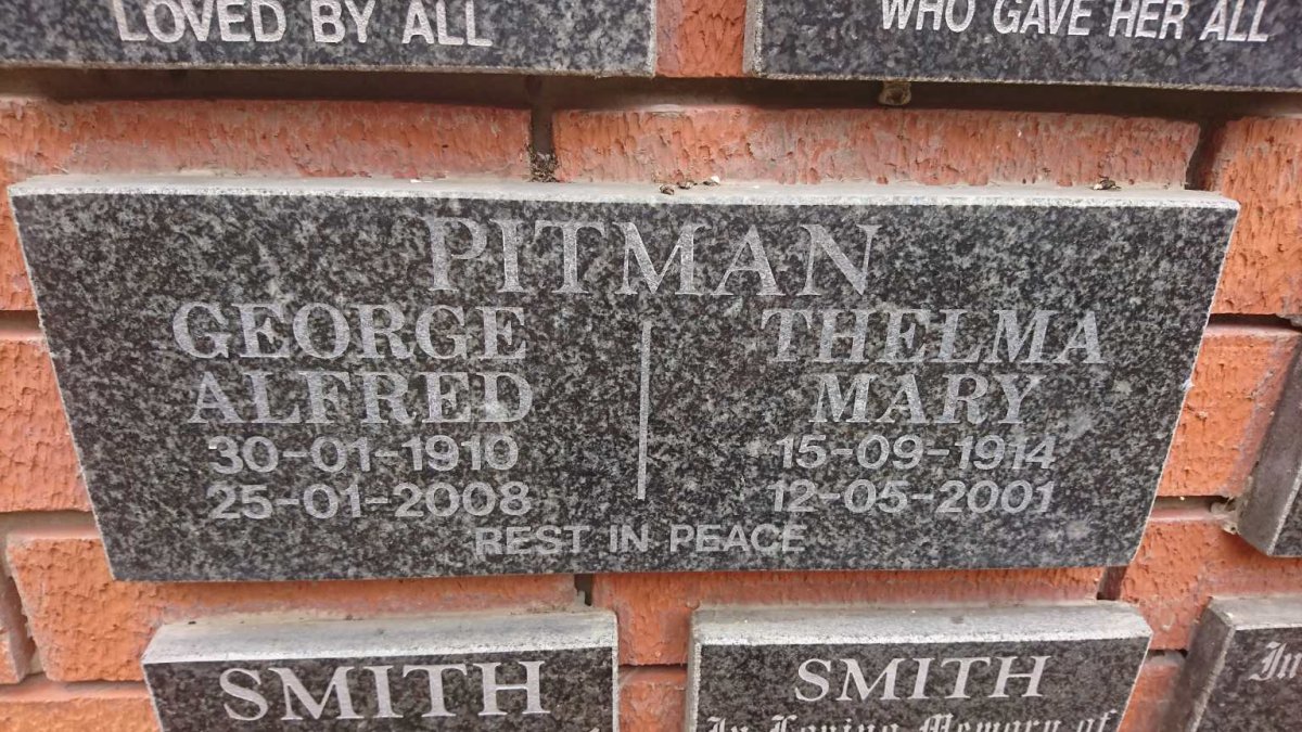 PITMAN George Alfred 1910-2008 &amp; Thelma Mary 1914-2001