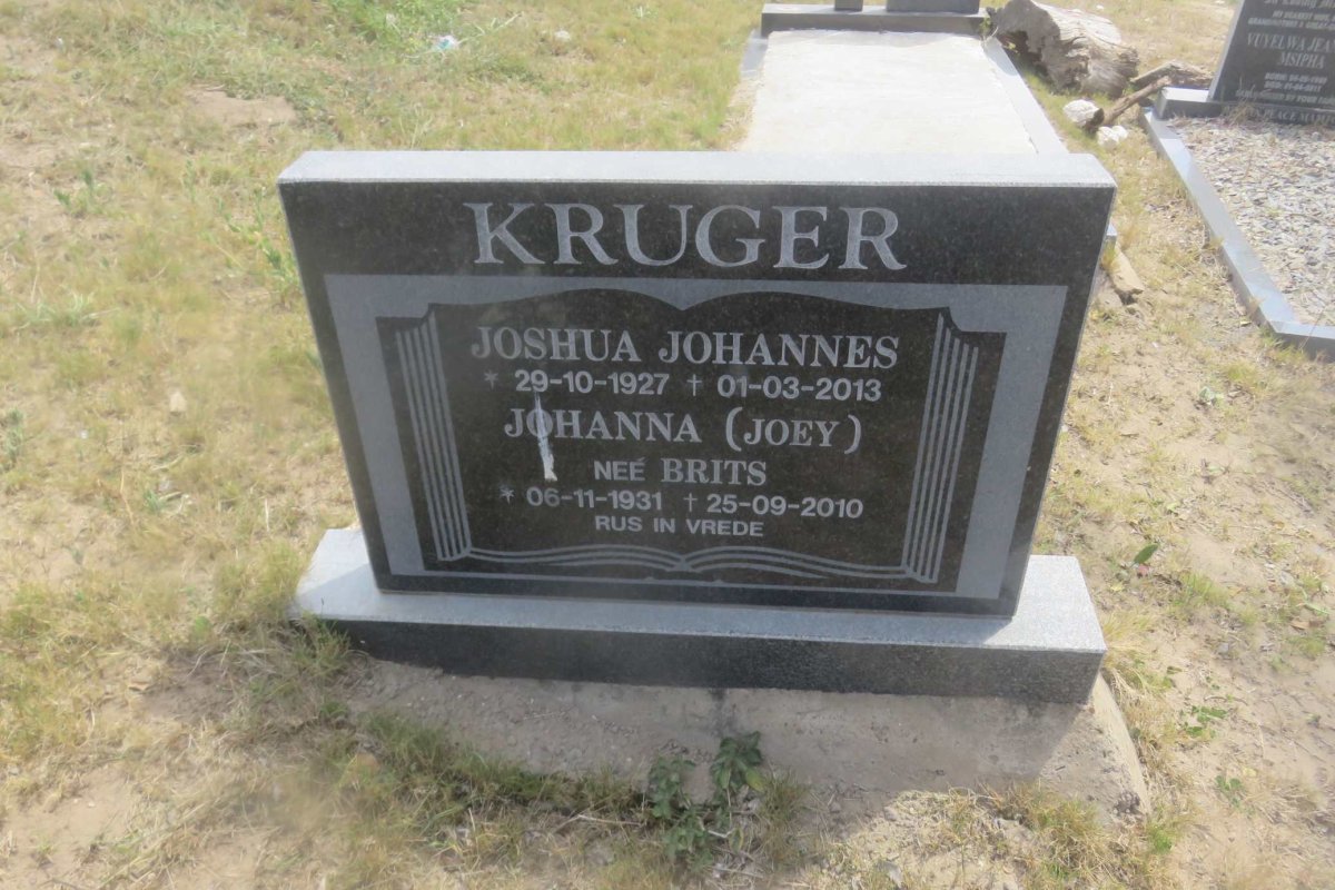 KRUGER Joshua Johannes 1927-2013 &amp; Johanna BRITS 1931-2010