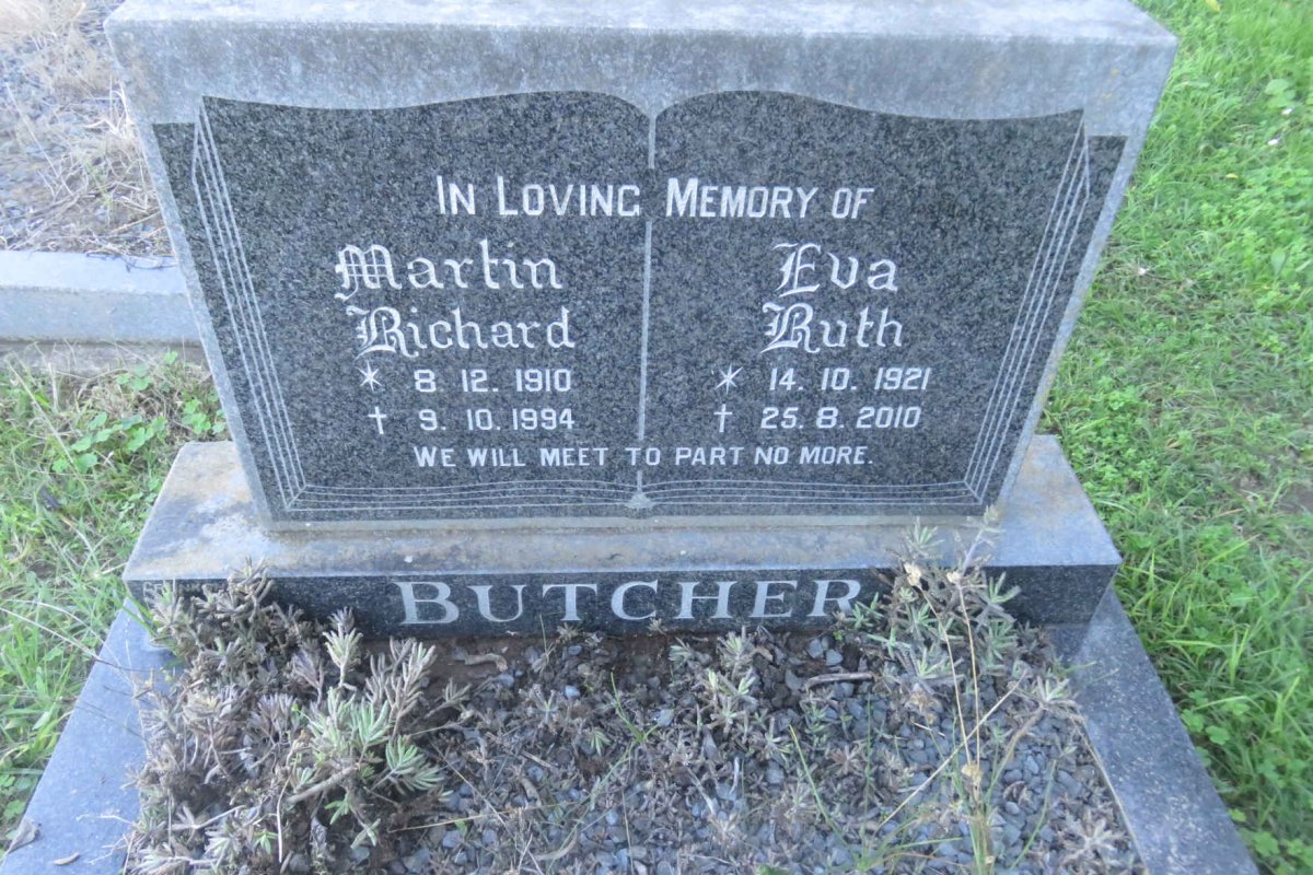 BUTCHER Martin Richard 1910-1994 &amp; Eva Ruth 1921-2010
