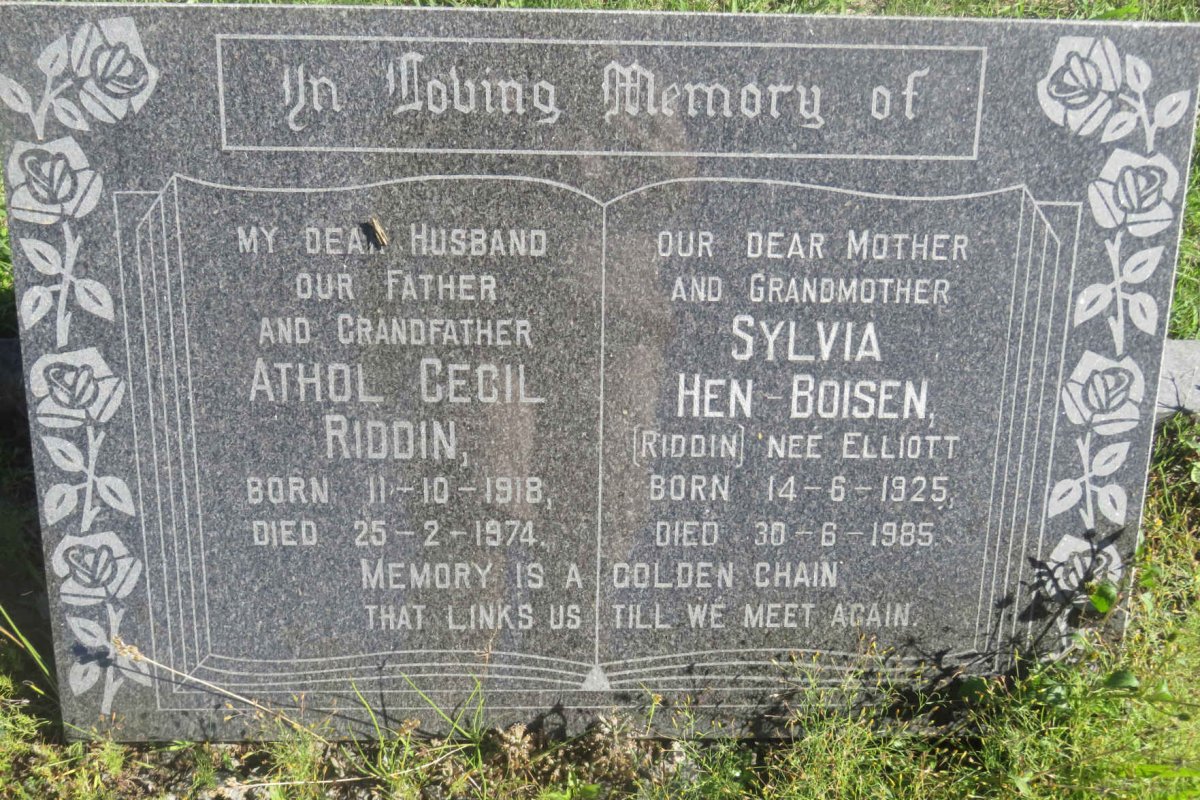 RIDDIN Athol Cecil 1918-1974 &amp; HEN-BOISEN Sylvia formerly RIDDIN nee ELLIOTT 1925-1985