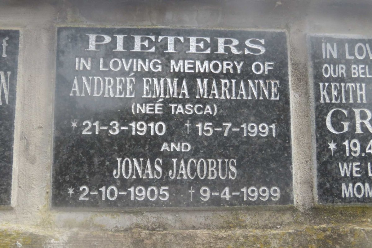 PIETERS Jonas Jacobus 1905-1999 &amp; Andreé Emma TASCA 1910-1991