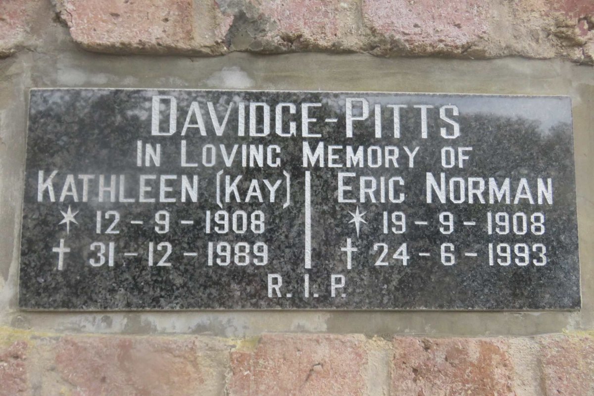 PITTS Eric Norman, DAVIDGE 1908-1993 &amp; Kathleen 1908-1989
