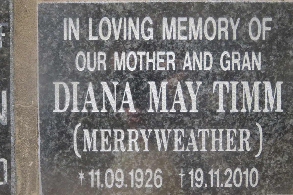 TIMM Diana May nee MERRYWEATHER 1926-2010