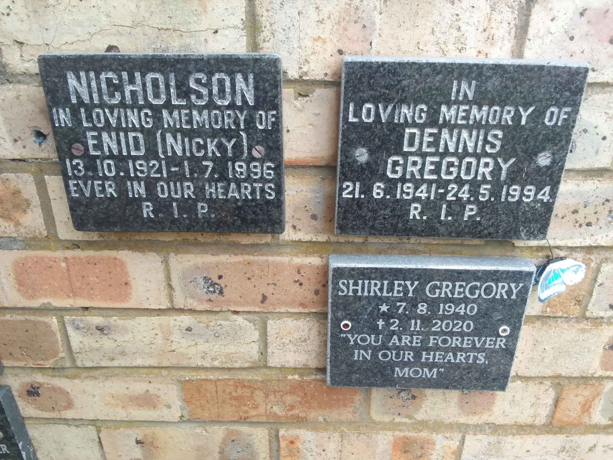 NICHOLSON Enid 1921-1996 :: GREGORY Dennis 1941-1994 &amp; Shirley 1940-2020