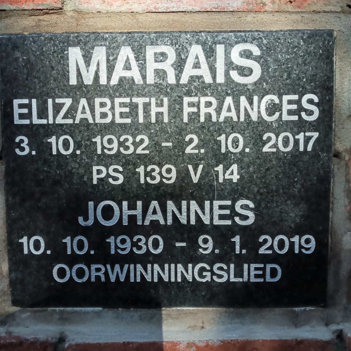 MARAIS Johannes 1930-2019 &amp; Elizabeth Francis 1932-2017