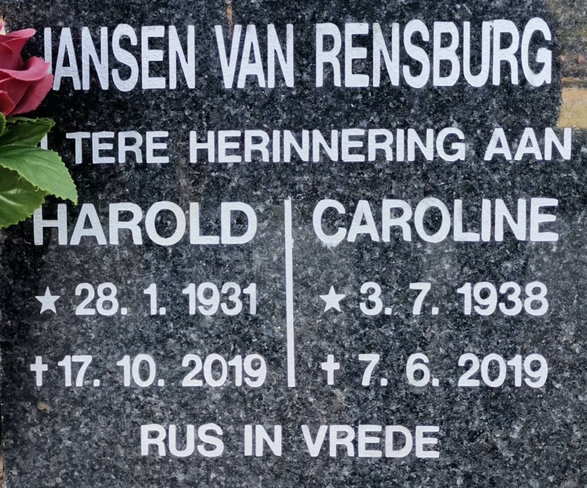 RENSBERG Harold, Jansen van 1931-2019 &amp; Caroline 1938-2019