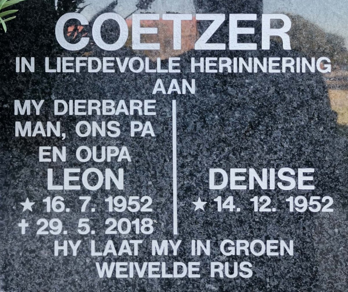 COETZER Leon 1952-2018 &amp; Denise 1952-