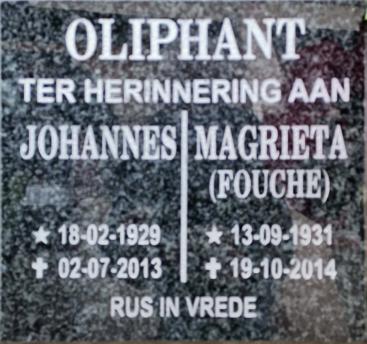 OLIPHANT Johannes 1929-2013 &amp; Magrieta FOUCHE 1931-2014