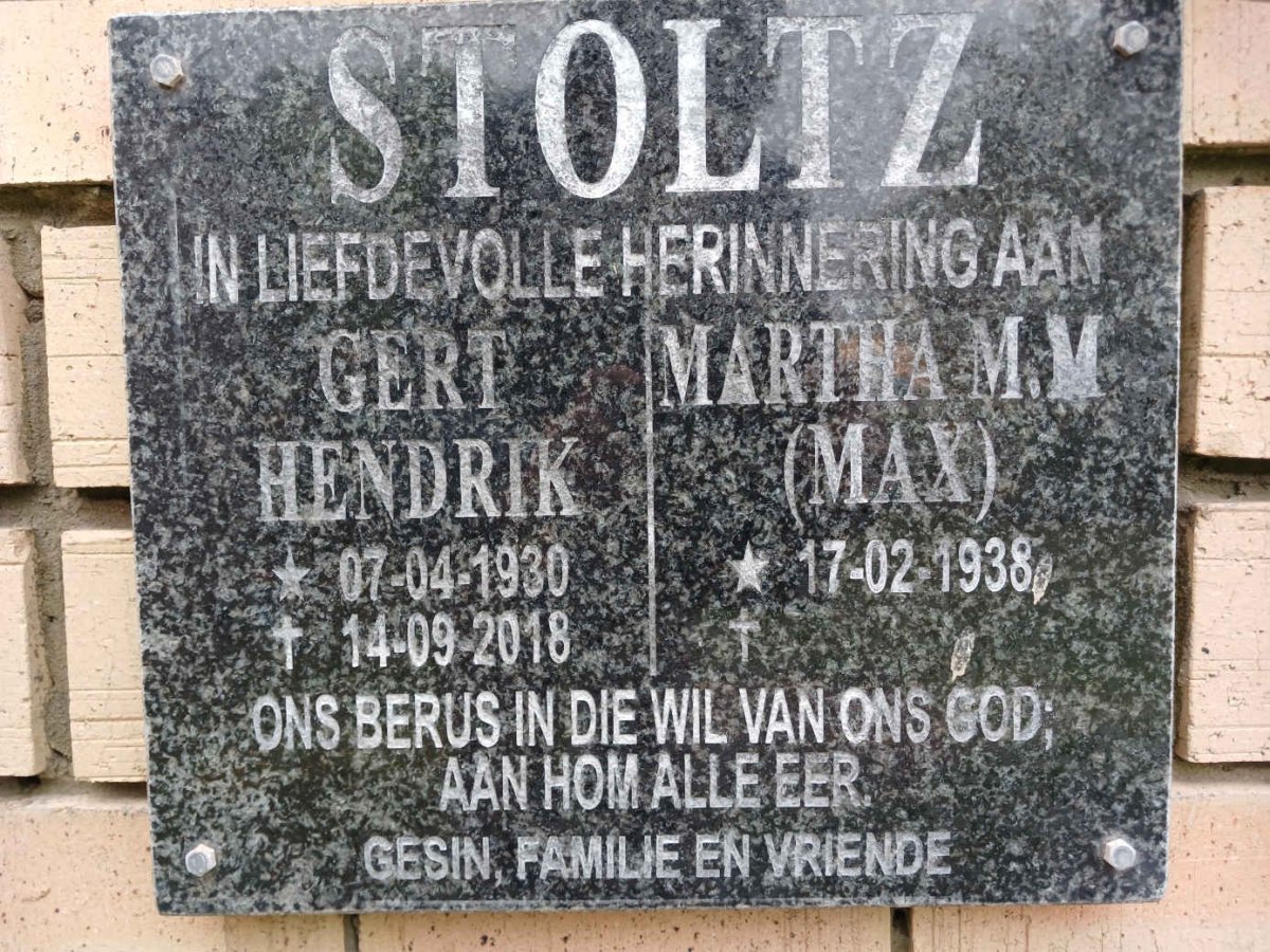 STOLTZ Gert Hendrik 1930-2018 &amp; Martha M.M. 1938-